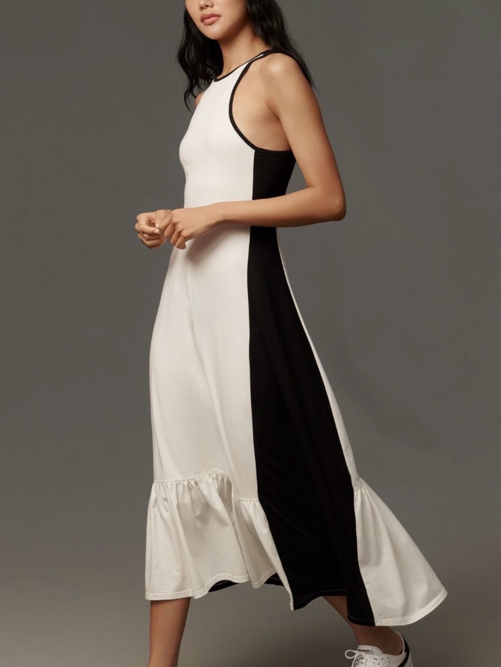 Anthropologie Black and White Colorblock Midi Dress with Ruffle Hem